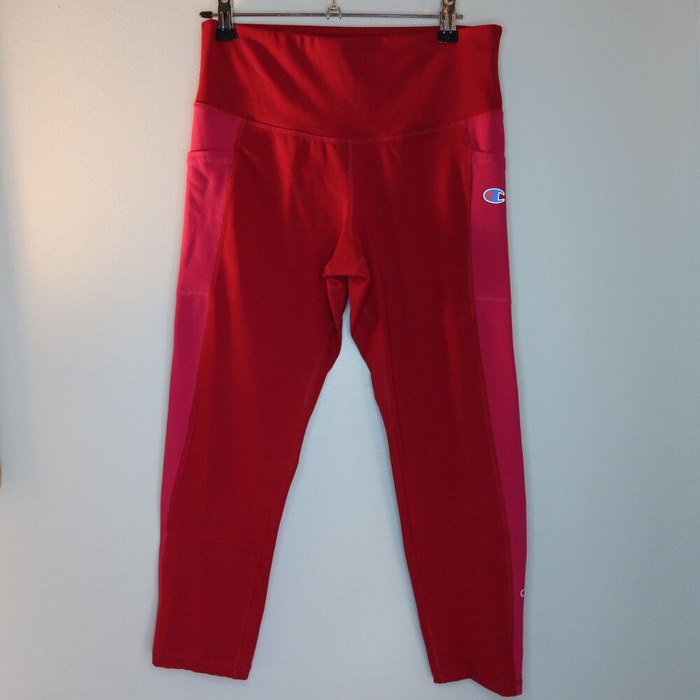 Champion Athleticwear Cropped Leggings Womens M Red Pink Colorblock Pockets